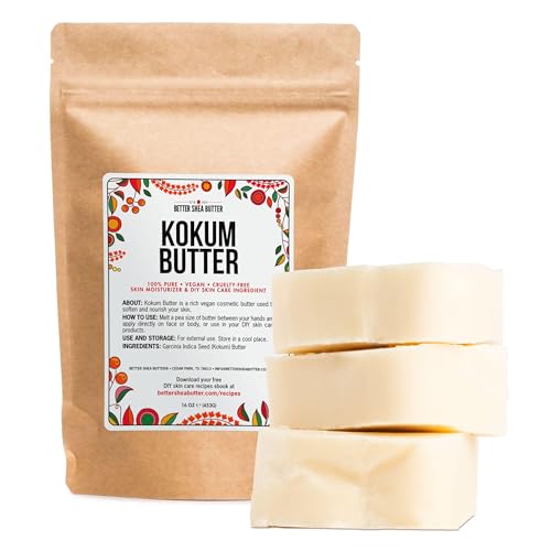 Better Shea Butter Raw Kokum Butter Unrefined - Body Butter Bar for Soap Making and DIY Butter, Skin and Hair Products - Pure, Unscented Skin Butter for Lotion Base - Kokum Butter 1 lb Block