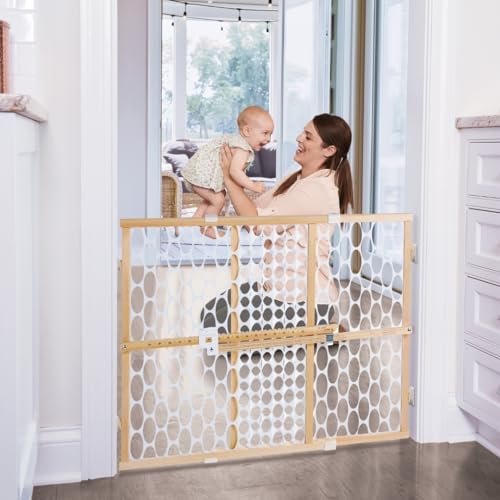 Toddleroo by North States Quick Fit Oval Mesh Wooden Baby Gate: 26.5"- 42" Wide. Pressure Mounted Baby Gate for Doorway. Tension Lever for Quick Custom Fit. (23" Tall, Sustainable Hardwood)