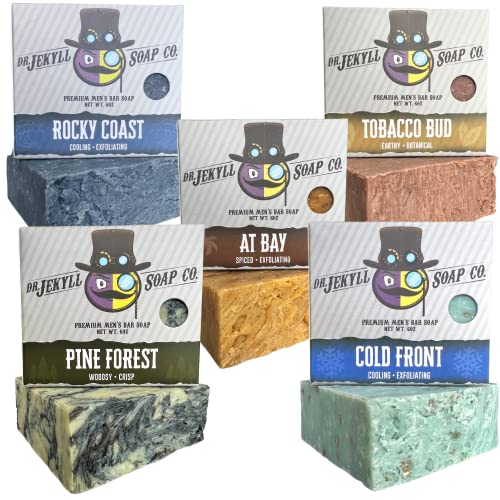 Dr. Jekyll Soap Co. Land, Air & Sea 5 Bar Variety Pack - Quality Men's Bar Soap, Masculine Scents, No Harmful Chemicals - Aloe & Jojoba Oil - Natural and Organic Ingredients, Handcrafted in the USA