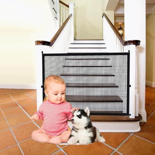 Baby Gate Dog Gate for Stairs No Drilling - 43.3" W x 28.3" H Retractable Mesh Baby Gate for Stairs No Drill Magic Gate Dog Gate for Doorways Pet Gate Puppy Gate for Stairs & The House (CS)