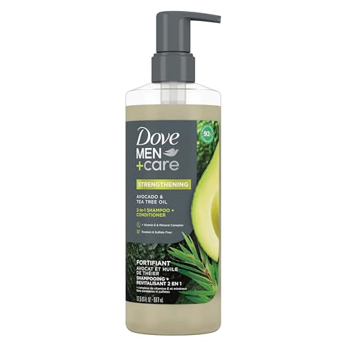 Dove Men+Care 2-in-1 Shampoo + Conditioner Avocado & Tea Tree Oil for Strengthening Hair, with Vitamin E & Mineral Complex, 17.5 oz