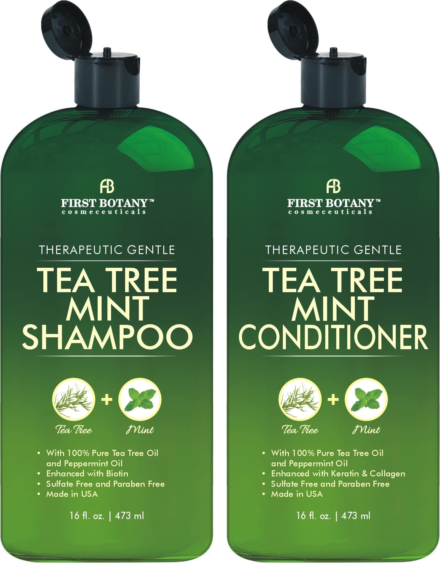 First Botany, Mint Shampoo and Conditioner - Pure Peppermint & Tea Tree Oils - Promotes Hair Growth, Fights Loss & Dandruff - Sulfate Free - Men & Women - 16 oz x 2