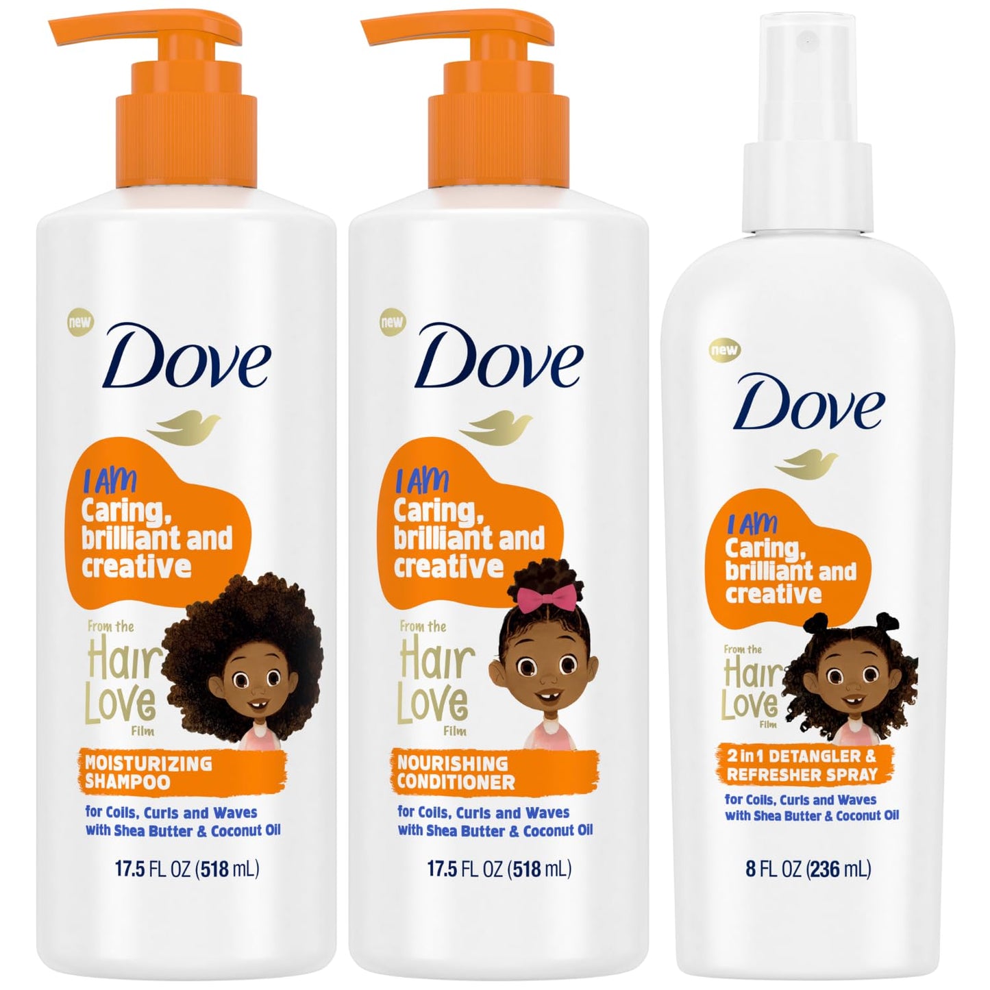 Dove Shampoo and Conditioner Set + Detangler Spray for Kids - Dove Kids Hair Love Collection, Curly Hair Products, Kids Shampoo and Conditioner, Wavy Hair Products (3 Piece Set)