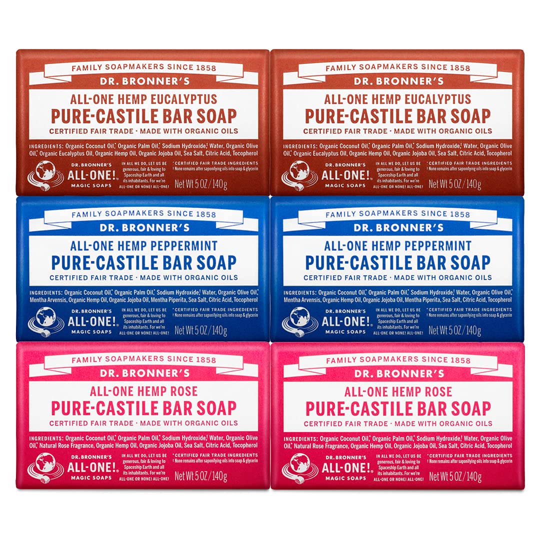Dr. Bronner's - Pure-Castile Bar Soap (5 Ounce Variety Gift Pack) Eucalyptus, Peppermint, Rose - Made with Organic Oils, For Face, Body and Hair, Gentle and Moisturizing