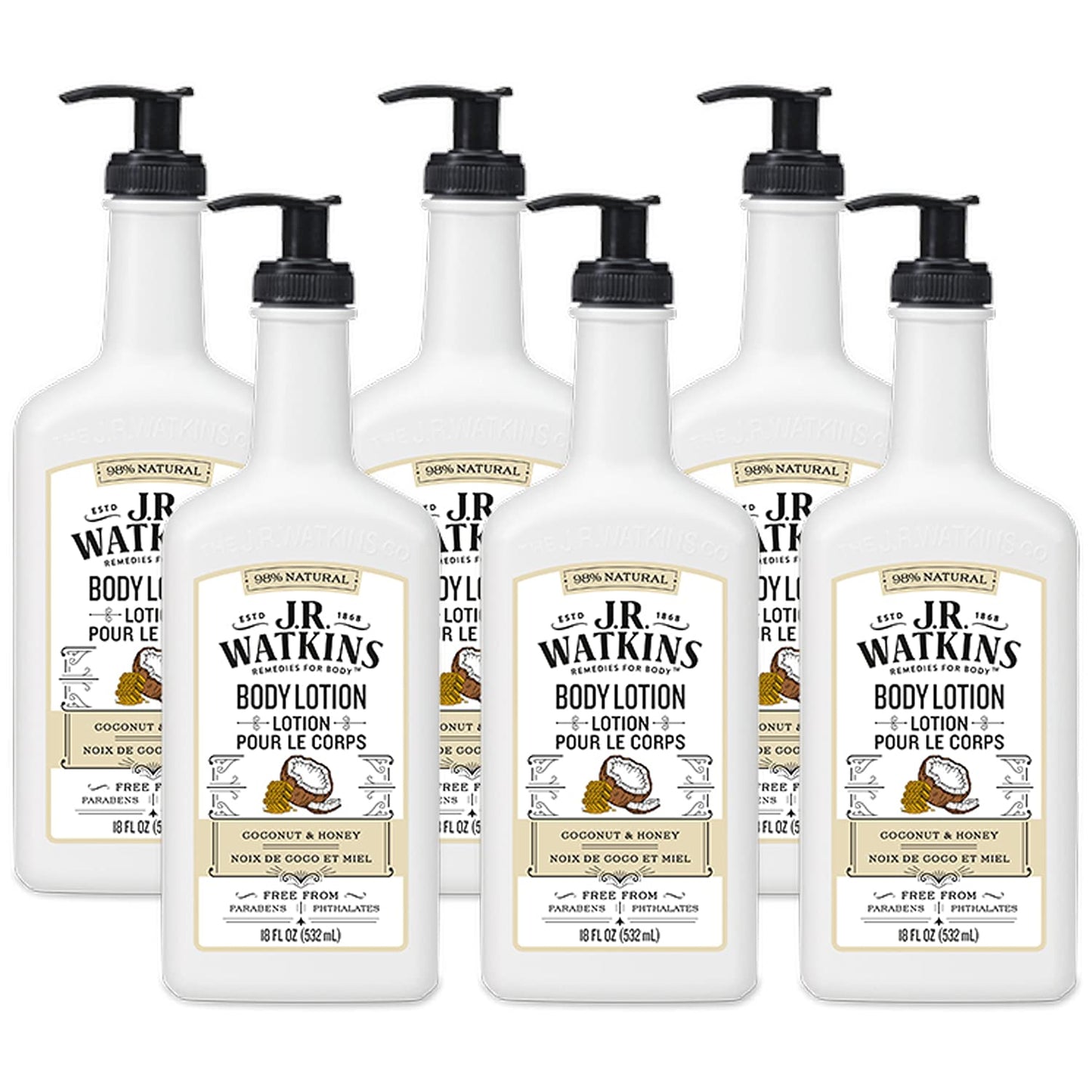 J.R. Watkins Daily Moisturizing Lotion – Body Cream in Pump Dispenser – Hydrating Skin Cream Made with Shea Butter, Cocoa Butter, Coconut Oil & Vitamin E, Coconut Milk & Honey, 18 fl oz, 6 Pack