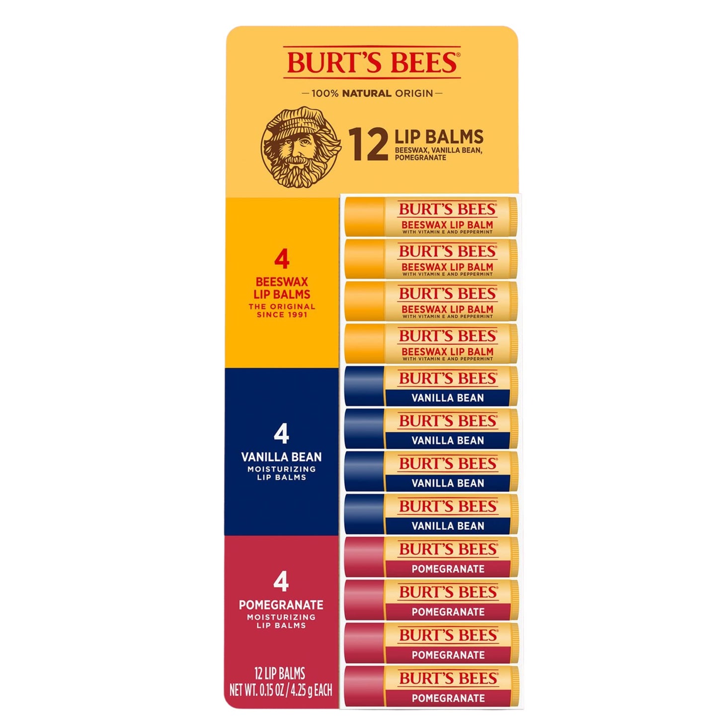 Burt's Bees 100% Natural Original Lip Balm 12-Pack, Includes 4 Beeswax, 4 Vanilla Bean, & 4 Pomegranate Moisturizing Lip Balms, 0.15 Ounce (Pack of 12)