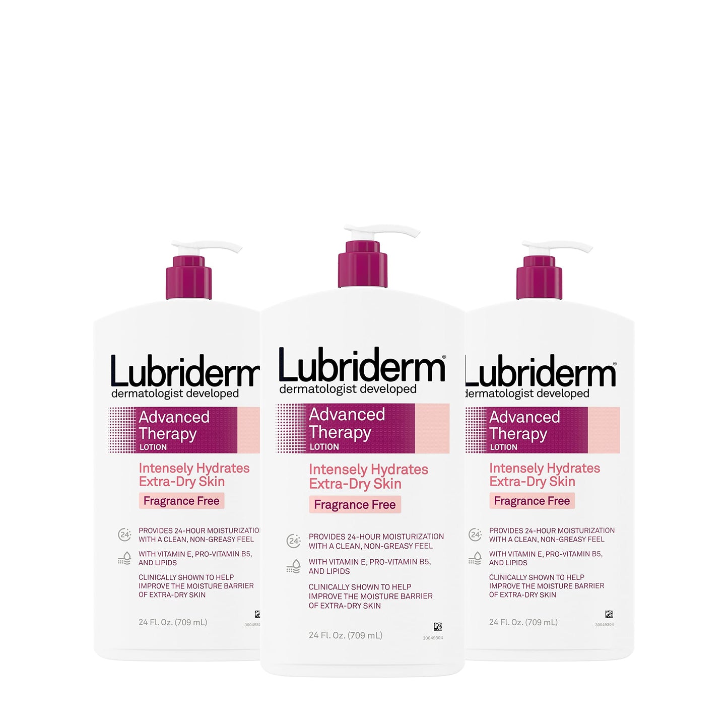 Lubriderm Advanced Therapy Fragrance-Free Moisturizing Lotion with Vitamins E and Pro-Vitamin B5, Intense Hydration for Extra Dry Skin, Non-Greasy Formula, Pack of Three, 3 x 24 fl. oz