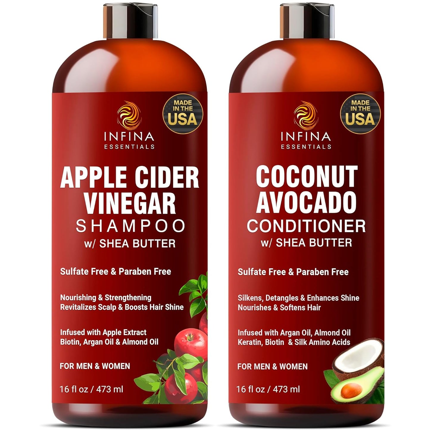 INFINA ESSENTIALS Apple Cider Vinegar Shampoo and Conditioner Set Sulfate Free w/Moisturizing Coconut Avocado Conditioner - Restores Shine & Reduces Itchy Scalp & Frizz - Men and Women, 16 fl oz Each