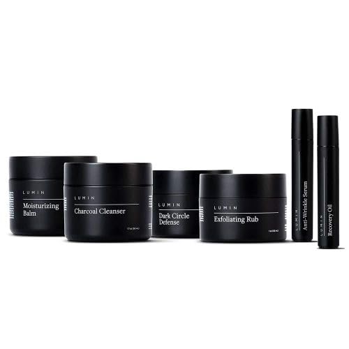 Lumin - Complete Gift Bundle - Men's skincare Gift Routine includes: Charcoal Face Wash, Charcoal Scrub, Face Moisturizer, Wrinkle Serum, Recovery Oil & Dark Circle Defense Balm