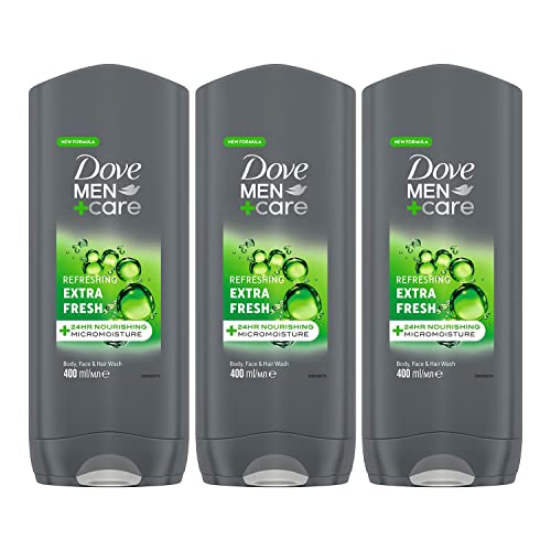 Dove Men+Care Refreshing Extra Fresh 3-In-1 Hair, Body And Face Wash Pack Of 3 With 24-Hour Nourishing Micromoisture Technology Body Wash For Men 400 Ml