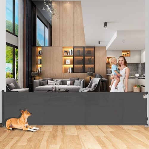 bedmoimo 120 Inch Extra Wide Baby Gate for Large Opening Retractable Baby Gates for Doorway Extra Long Dog Gate for The House Outdoor Large Pet Gates for Dog Indoor and Outdoor Mesh Child Gate, Grey