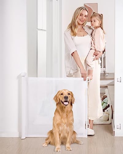 Likzest Retractable Baby Gate, Mesh Baby and Pet Gate 33" Tall, Extends up to 55" Wide, Child Safety Baby Gates for Stairs Doorways Hallways, Dog Gate Cat Gate for Indoor and Outdoor (White)