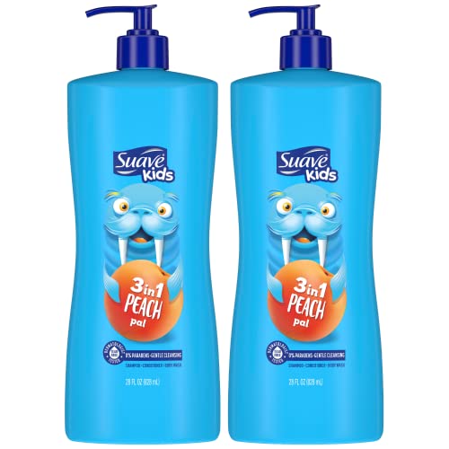Suave Kids 3-in-1 Shampoo with Peach Pal - Tear-Free Kids Shampoo and Conditioner, Body Wash for Kids, Kids Soap, 16.6 Fl Oz (Pack of 2)