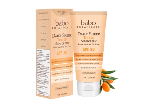 Babo Botanicals Daily Sheer Mineral Tinted Sunscreen SPF30 - Natural Zinc Oxide & Titanium Dioxide - Tinted - Healthy Glow - Fragrance-Free -Rosehip Oil & Hyaluronic Acid - For Face - For all ages