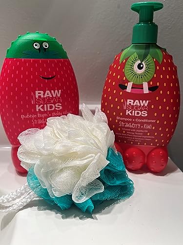 Kids Bundle by Raw Sugar : (1) 2-in-1 Strawberry + Kiwi Shampoo & Conditioner, (1) Strawberry Vanilla Bubble Bath & Body Wash 12 oz Each (Pack of 2) + Loofah.