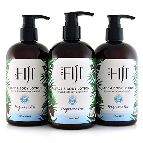 Coco Fiji Face & Body Lotion Infused With Coconut Oil | Lotion for Dry Skin | Moisturizer Face Cream & Massage Lotion for Women & Men | Fragrance Free 12 oz, Pack of 3