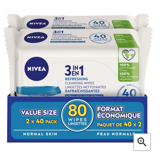 Nivea 3-IN-1 Biodegradable Normal Skin Cleansing Wipes Remove Makeup 80pcs NEW