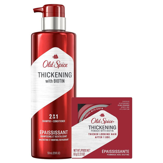 Old Spice Men's Thickening 2-in-1 Shampoo and Conditioner with Biotin and Menthol (17.9 Fl Oz) & Thickening Styling Pomade Infused with Biotin Bundle (2.22 Oz)