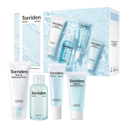 Torriden DIVE-IN Trial Kit, Hyaluronic Acid Infused Daily Skincare Kit - 4 Step Regimen with Foam Cleanser, Facial Toner, Serum, and Cream | Vegan, Hypoallergenic Korean Skin Care