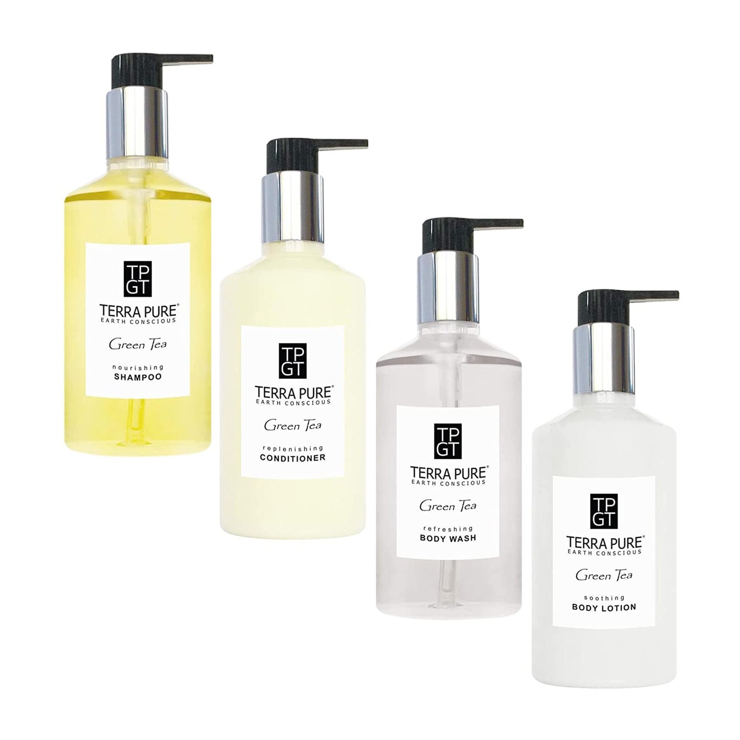 1-Shoppe Terra Pure Ecobox All-In-Kit | Green Tea Soap | 1 Shampoo, 1 Conditioner, 1 Body Lotion & 1 Body Wash | 10.14oz Hotel Soaps and Toiletries Bulk | Personal Care Products