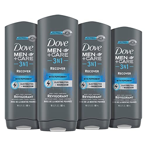 Dove Men+Care Post-Workout 3-IN-1 (Body + Face + Hair Wash) With Peppermint 4 Count Infused with Electrolytes + Magnesium 18 oz