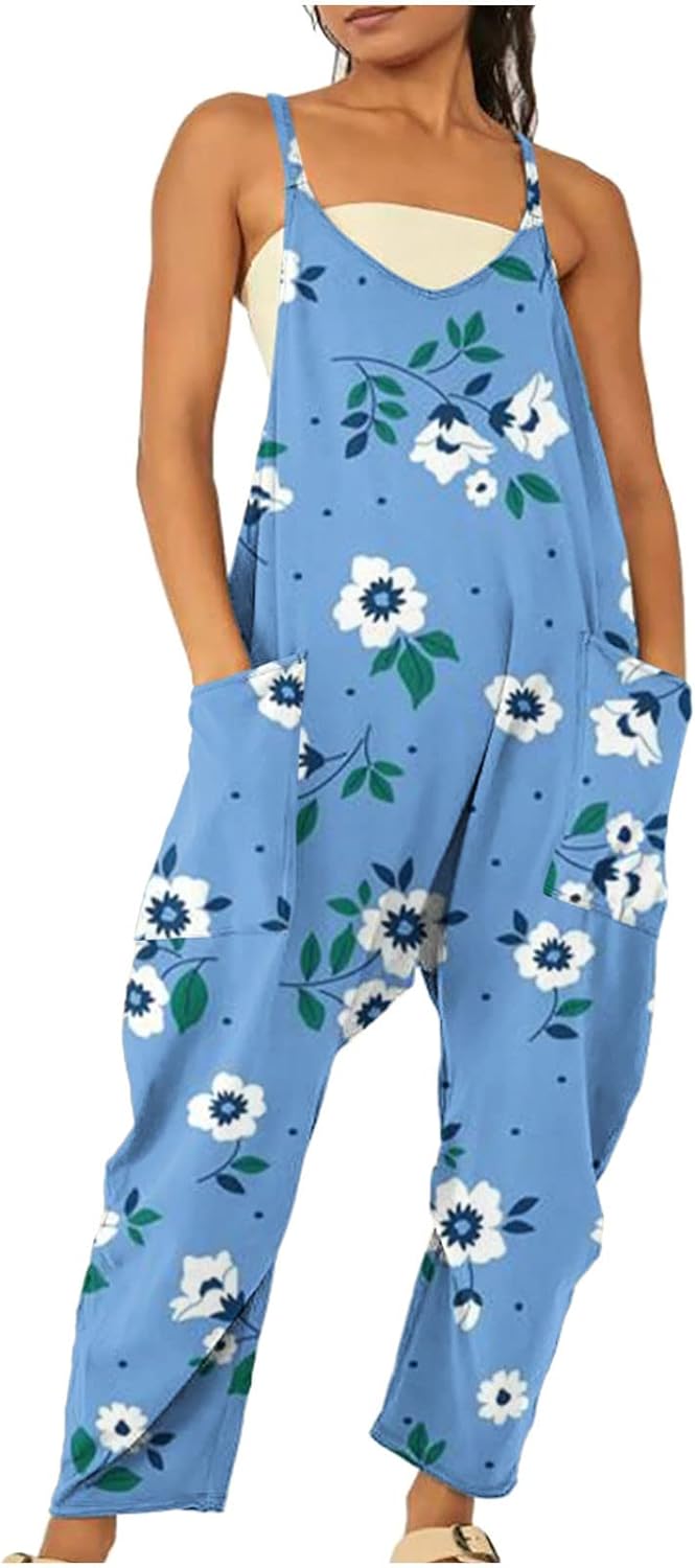 BADHUB Women's Casual Sleeveless Jumpsuits Floral Adjustable Spaghetti Strap Overalls Long Harem Pants Romper with Pockets