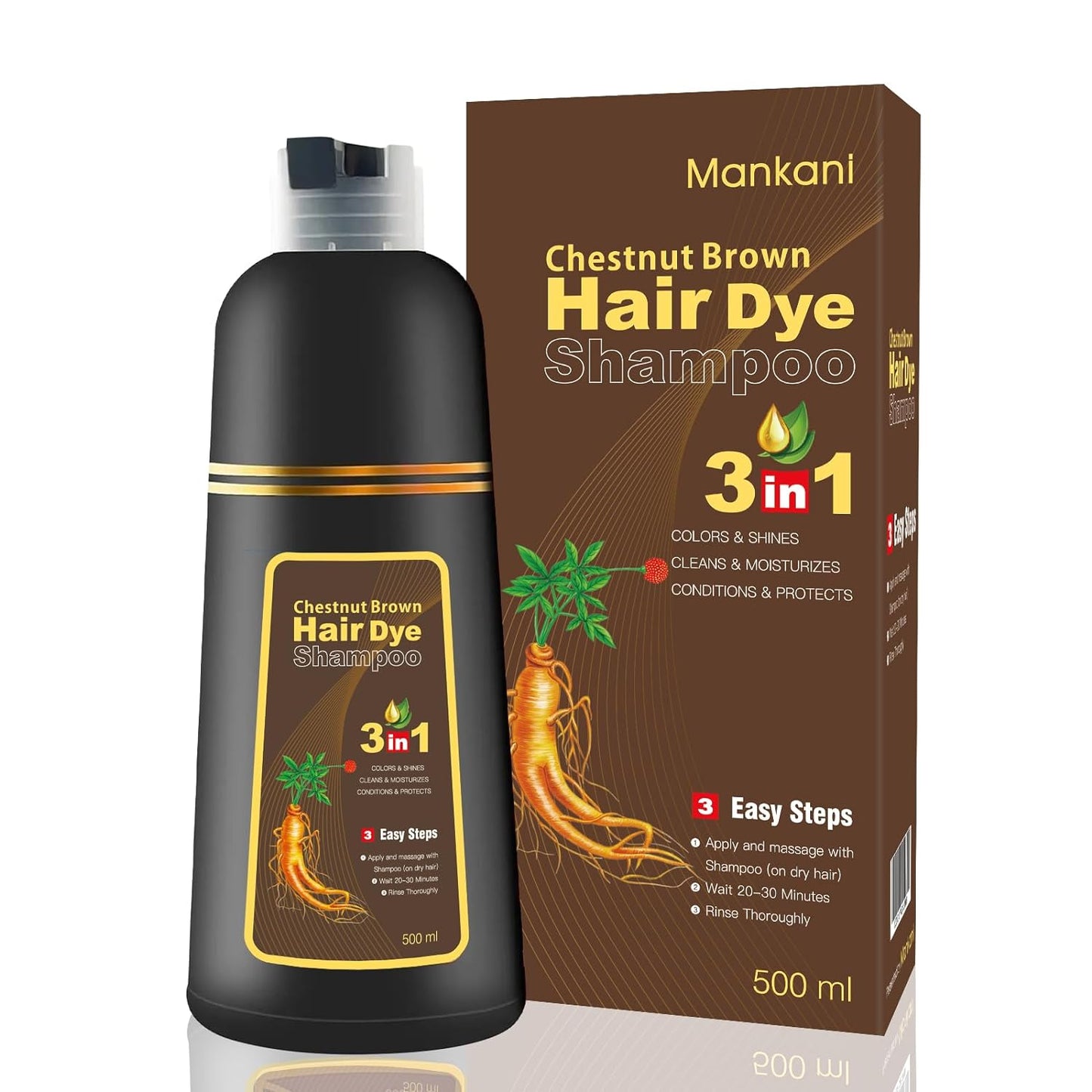 Mankani Hair Dye Shampoo (Coffee/Light Brown) 3 in 1 for Women & Men, Champu Con Tinte Para Canas, Vibrant Color Easy to Use（17.6Ozl 500ml)
