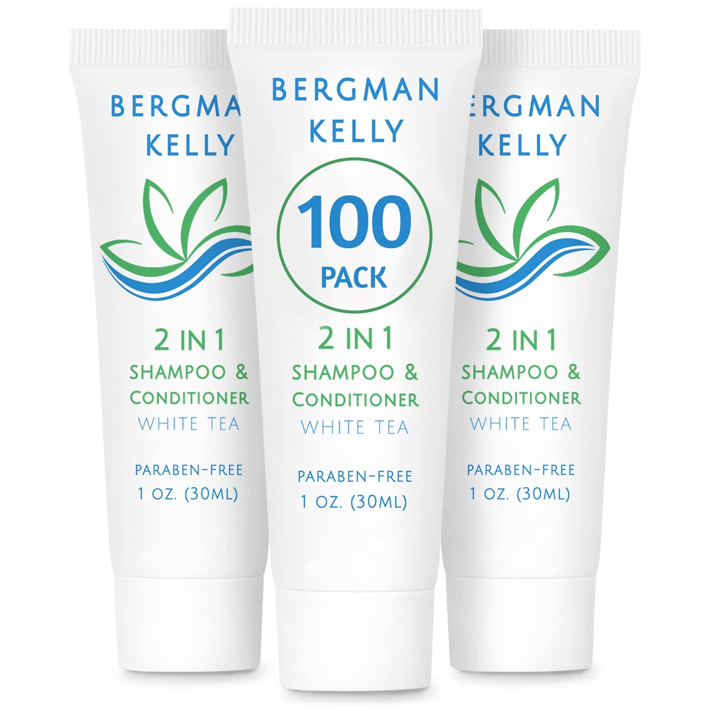 BERGMAN KELLY Travel Size Shampoo & Conditioner 2 in 1 (1 Fl Oz, 100 PK, White Tea), Delight Your Guests with Revitalizing and Refreshing Shampoo Amenities, Quality Small Size Hotel Toiletries in Bulk