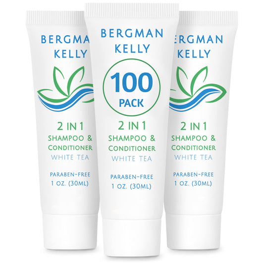 BERGMAN KELLY Travel Size Shampoo & Conditioner 2 in 1 (1 Fl Oz, 100 PK, White Tea), Delight Your Guests with Revitalizing and Refreshing Shampoo Amenities, Quality Small Size Hotel Toiletries in Bulk