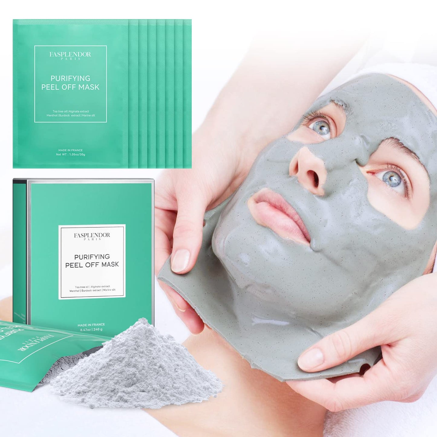Fasplendor Peel-off Alginate Powder Face Mask, Hydro Jelly Mask Infused with Mud Tea Tree Oil, Purifying and Moisturizing for Acne, Blackheads. Professional Spa-quality, Made in France, 240g/8Pcs