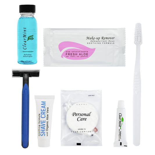 Personal Care Travel Size Toiletries | 1-Shoppe All-in-Kit Hotel Amenities Bulk | Travel Shaving Set, Toothbrush & Paste, Mouthwash, Makeup Wipes, Swabs, Nail File & Sewing Kit | 75 Pcs