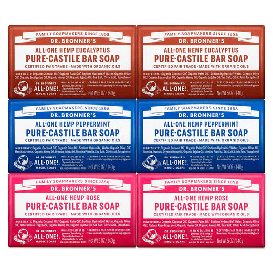 Dr. Bronner's - Pure-Castile Bar Soap (5 Ounce Variety Gift Pack) Eucalyptus, Peppermint, Rose - Made with Organic Oils, For Face, Body and Hair, Gentle and Moisturizing