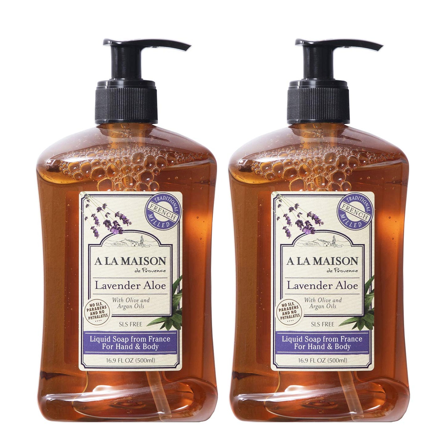 A LA MAISON Liquid Hand Soap, Lavender Aloe - Uses: Hand and Body - Triple French Milled, Essential Oils, Plant Based, Vegan, Cruelty-Free, Alcohol & Paraben Free (16.9 oz, 2 Pack)