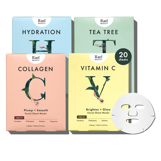 Rael Face Mask Skin Care, Bamboo Facial Mask Sheet Set - Variety Pack, All Skin Types, Gift Set (5 Hydration, 5 Vitamin C, 5 Collagen, 5 Tea Tree, 20 Sheets)