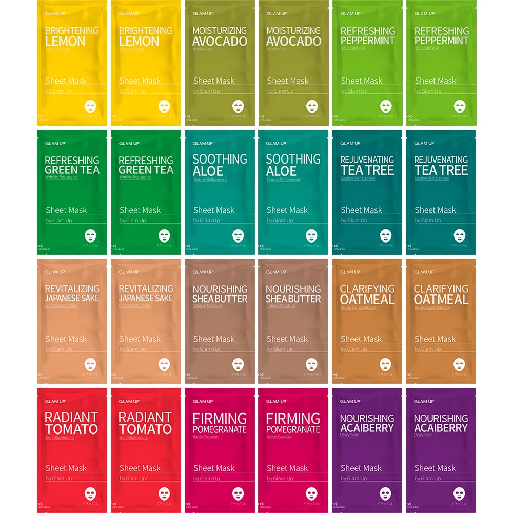 GLAM UP Facial Sheet Mask (24 Sheets) - Face Masks Skincare, Hydrating Face Masks, Moisturizing, Brightening and Soothing, Beauty Mask For All Skin Type