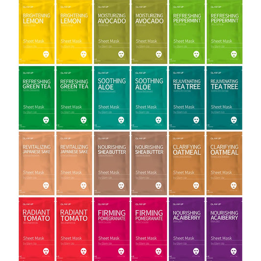 GLAM UP Facial Sheet Mask (24 Sheets) - Face Masks Skincare, Hydrating Face Masks, Moisturizing, Brightening and Soothing, Beauty Mask For All Skin Type