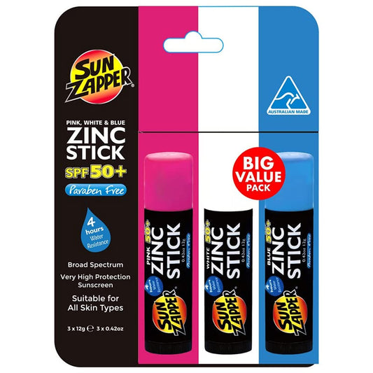 Sun Zapper Zinc Oxide Sunscreen - Pink, White & Blue - SPF 50+ Very High Sun Protection Waterproof Sunblock for Face & Body, Adults, Kids, Baby - Travel Stick
