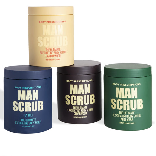 Body Prescriptions Body Scrub for Men-4 Pack Ultimate Exfoliating Scrub Infused with Assorted Scents, Men’s Body Wash in Jar with Twist Top, 21 oz Each, For All Skin Types