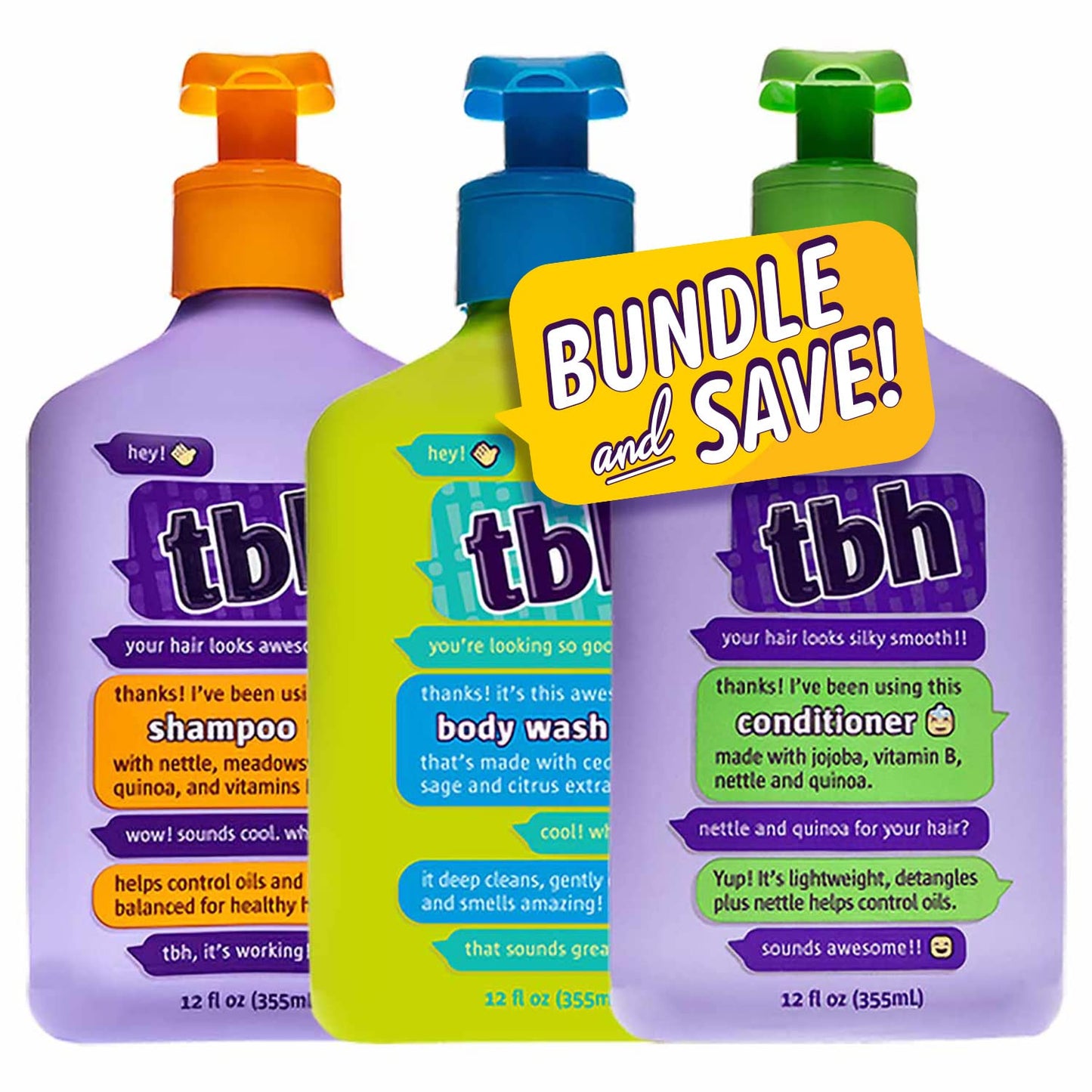TBH Teen and Kids Shampoo, Conditioner, and Body Wash - Shampoo and Conditioner for Oily Hair, Gentle Exfoliating Body Wash - Sulfate, Paraben Free - 12 oz (3 Pack)