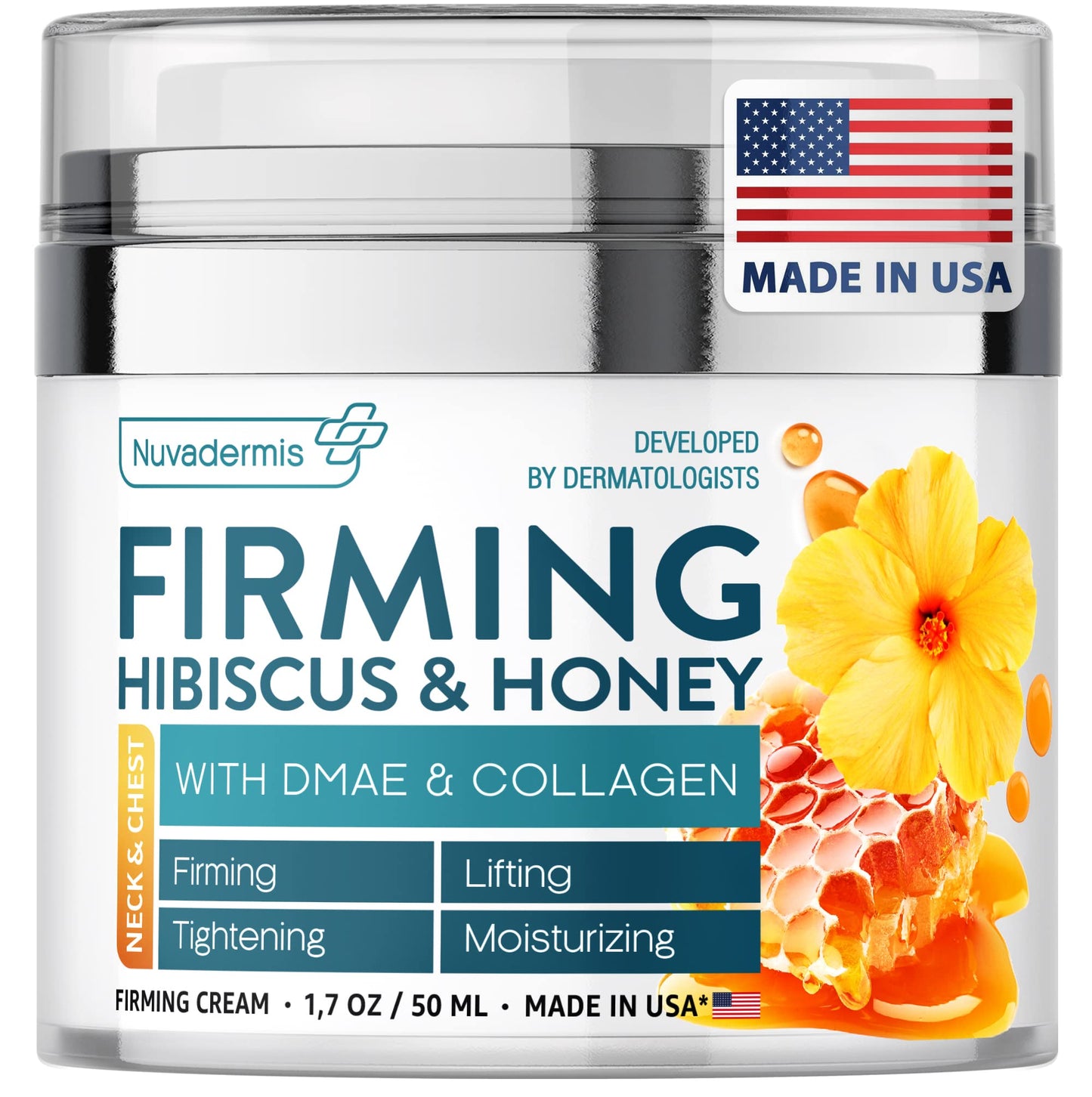 NUVADERMIS Hibiscus and Honey Firming Cream - Skin Tightening Cream - Reduces Fine Lines - Lifts and Moisturizes Skin with Natural Collagen and DMAE - Made in USA, 1.7 oz Jar