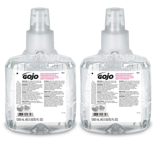 Gojo Clear & Mild Foam Handwash, EcoLogo Certified, 1200 mL Foam Hand Soap Refill LTX-12 Touch-Free Dispenser (Pack of 2) - 1911-02