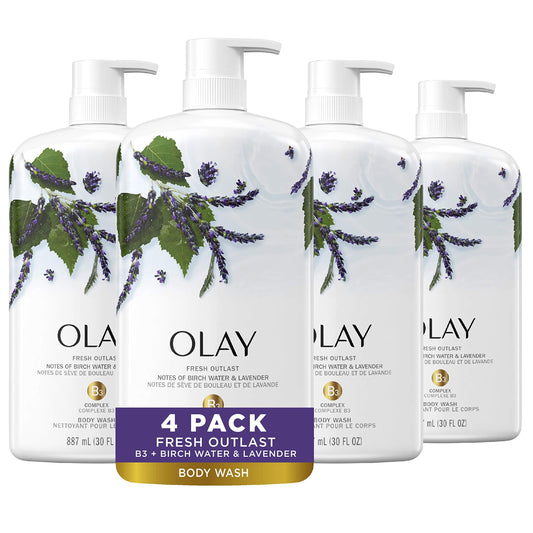 Olay Fresh Outlast Body Wash, Birch Water & Lavender, 30 fl oz, (Pack of 4)