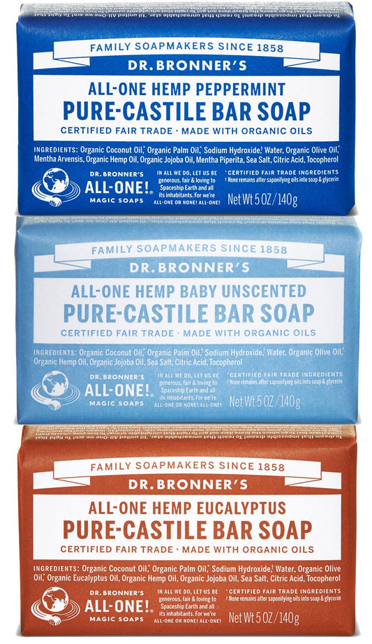 Dr. Bronner's Magic Soaps Pure-Castile Soap, Variety Pack, 5-Ounce Bars (Pack of 3) (Peppermint - Unscented - Eucalyptus)