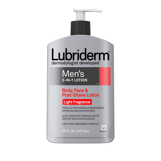Lubriderm Men's 3-In-1 Lotion Enriched with Aloe for Body and Face, Non-Greasy Soothing Post Shave Moisturizer with Light Fragrance For Replenished, and Healthy-Looking Skin, 16 fl. oz