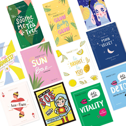 FACETORY Original 11 Face Sheet Mask Collection - Korean Skin Care Sheet Mask Pack of 11 - Hydrating, Soothing, Radiance Boosting and Moisturizing - For All Skin Types